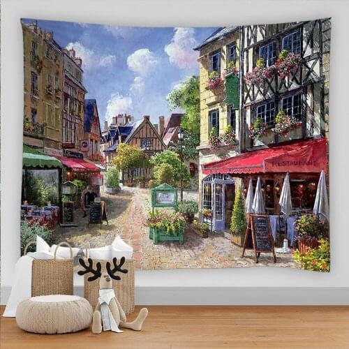 Oil painting landscape Small Town Tapestry Wall Hanging Bohemian Art Printing Tapestry Room Home Decoration Hippie Pattern