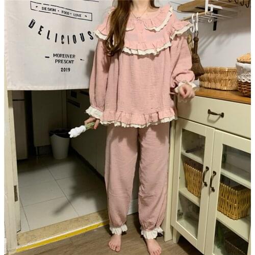 Lolita princess cute pajamas set long sleeve ruffles home suit solid loose autumn winter pants sleepwear pink blue cotton Y085