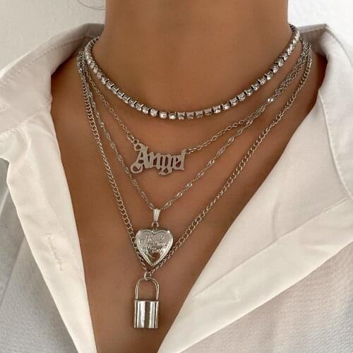 Hip Hop Multi-layer Angel Letter Lock Pendant Necklace For Women Silver Color Heart Crystal Tennis Chain Necklace Trendy Jewelry