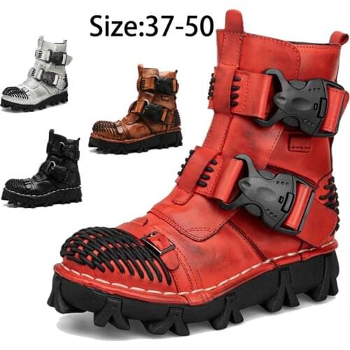 Men Red Martins Boots Genuine Leather Boots Ankle Boots Punk Motorcycle Boots Thick Heel Platform Winter Handmade Skull Boots