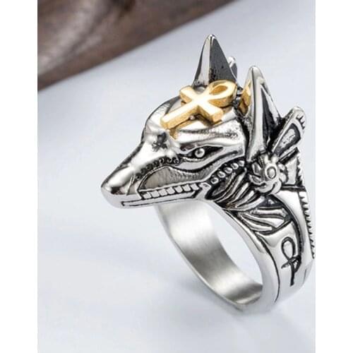 Men Stainless Steel Egyptian God Anubis Gold Ankh Cross Ring Anubis Beast Bands 69HB