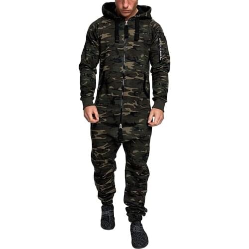 2020 Autumn and Winter New Style Hot Sale Mens Hooded Fleece Jumpsuit Camouflage Arm Zipper Casual Suit for Men Sets