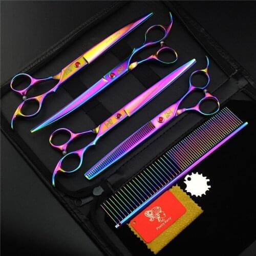 Professional Dog Pet Grooming Scissors 8.0 inch Hair Cutting + Thinning + Curved Shears Japan 440C Grooming Shears 4PCS Set