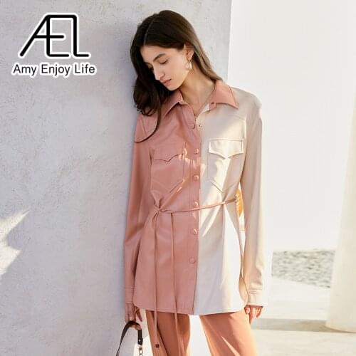 AEL PU Leather Shirt Belt Women Spring Turn-Down-Collar Button Tops Loose Casual Color Blocking Streetwear