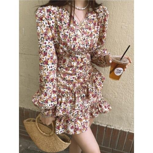 Retro Slim Waist Chiffon Dresses Sexy V-Neck Flower Print Long Sleeve Ruffles Short Dress 2021 Summer New Womens Clothing