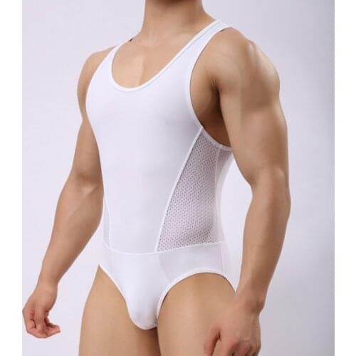 Sexy Mens Undershirts Ice Silk Mesh Jumpsuits Wrestling Singlets Leotard Underwear Gym Sports Fitness Bodybuilding Bodysuits