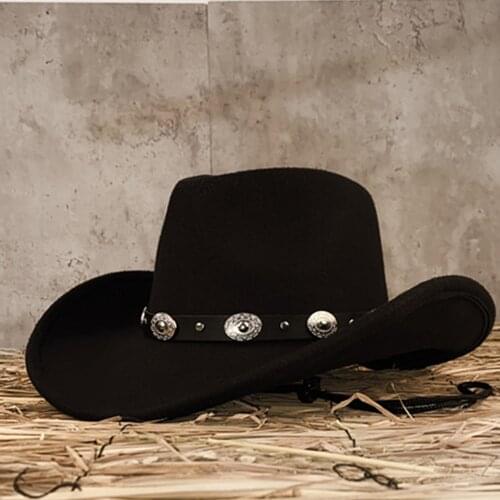 Fashion Wool Western Cowboy Hat For Womem Men Roll Up Brim Jazz Cowgirl Cap With Metal Belt Fedora Toca Sombrero Cap