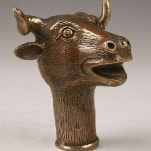 Old Bronze Statue Animal Cattle Cane Walking Stick Head Handle Accessorie