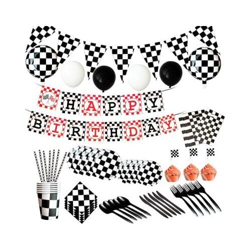 Birthday Party Supplies Black White Red Disposable Tableware Set Checkered Flag Party Baby Shower Decoration For Kids cc78