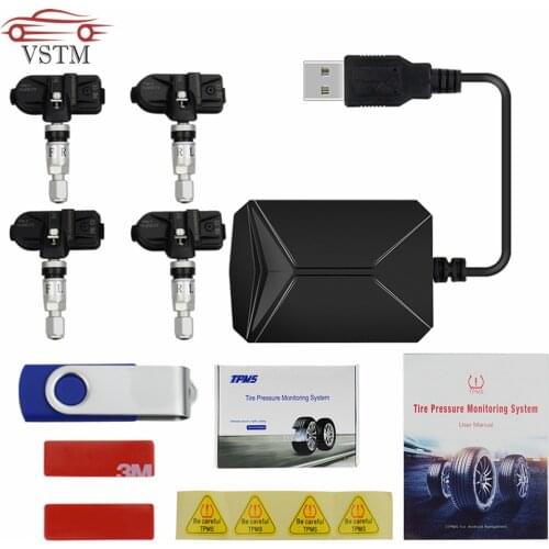 USB Android TPMS Car Tire Pressure Monitor with 4 External Sensors 116 psi Monitoring Alarm System 5V Wireless Transmission TPMS