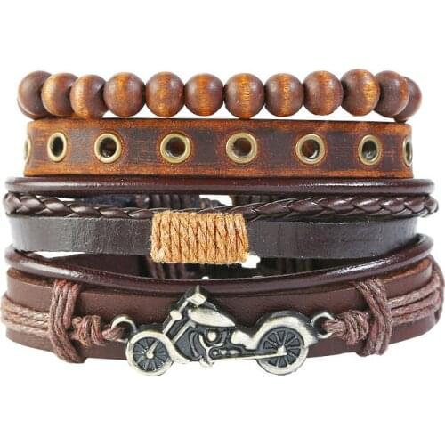 Punk Fashion Rock Vintage Charm Bracelet Set Motorcycle Wristbands Handmade Leather Beads Cuff Bangle for Women Men Jewelry Gift