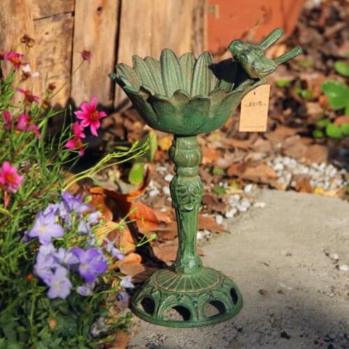 Green small cast iron pedestal bird feeder retro