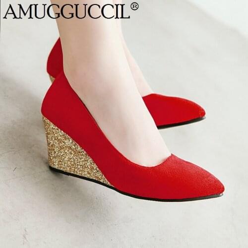 2020 New Plus Big size 34-43 Black Red Beige Brown Fashion Sexy Wedges Spring Autumn Office Females Lady Women Shoes Pumps D1269