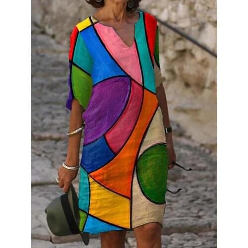 2021 new Elegant Women Linen Dress Summer V-Neck Half Sleeve A-Line Dresses Female Vintage Button Loose Dress Vestidos