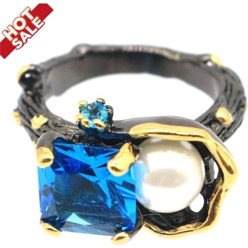 18x13mm Sublime Antique Vintage 18x13mm 6.9g Paris Blue Topaz White Pearl Black Gold Silver Rings