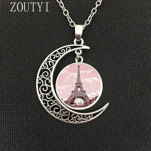 2018/fashion hot charm Eiffel Tower moon crystal concave round pendant necklace jewelry, Paris necklace
