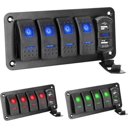4 Gang Toggle Rocker Switch For Car Marine Digital Voltmeter LED Switch Panel +Sticker Dual USB Port Waterproof 12V/24V