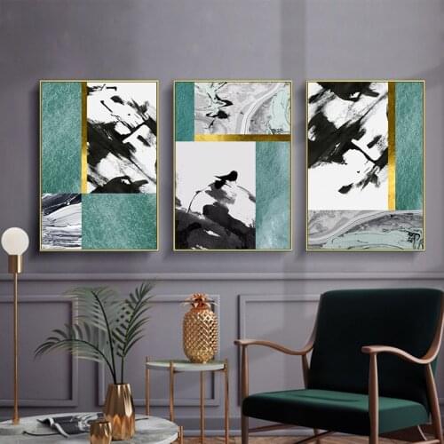 Abstract Blue Black Canvas Art Printings for Living Room Bedroom Gold Foil Lines Painting Pictures Modern Wall Poster Home Decor