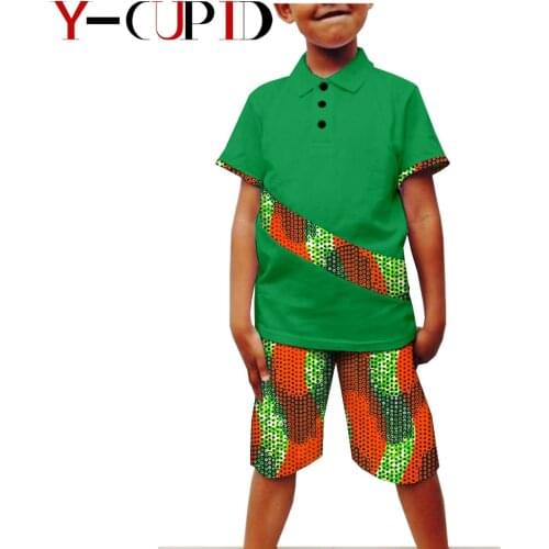 African Clothes for Kids Bazin Riche Boys Outfits Casaul Children Short Sleeve Top Shirts and Half Pants 2 Pieces Sets YA194002