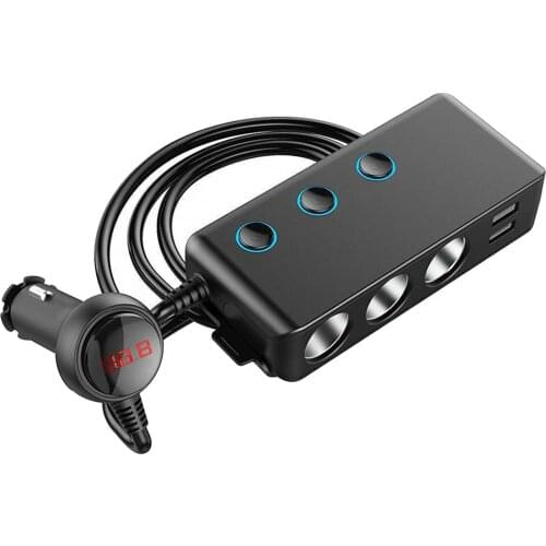 Car Charger Cigarette Lighter Adapter 3-Socket Splitter LED Display Black