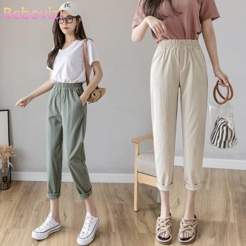 2021 Fashion Green Black Apricot Casual Summer Cotton Linen Harem Ankle-Length Pants for Women Street Elastic Waistband Trousers