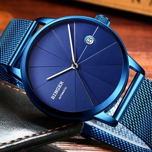 Switzerland BINGER Luxury Brand Design Ultra-thin Blue Creative Watch Men Top Brand Casual Calendar Automatic Mechanical Watches