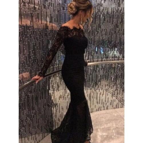 E JUE SHUNG Black Mermaid Evening Dresses 2020 Lace Long Sleeves Prom Gowns robes de soiree Plus Size Formal Party Dress Cheap