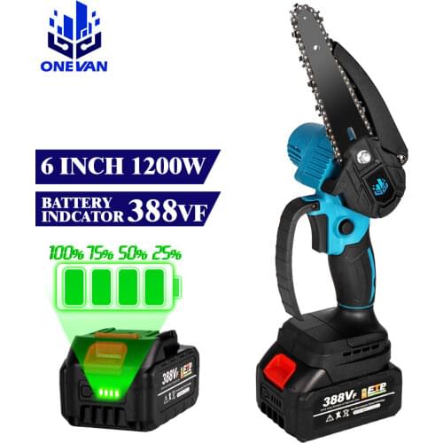 6 Inch Mini Electric Chain Saw 1200W With Battery Indicator 128VF/388VF Rechargeable Woodworking Tool For Makita 18V Battery