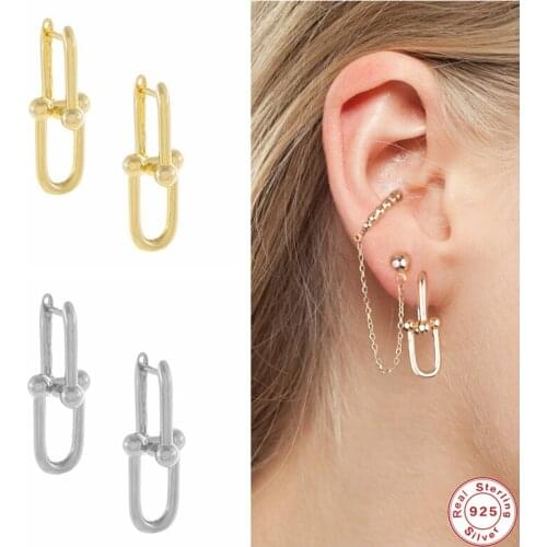 GS 925 Sterling Silver Double Rectangle Hoop Earrings For Women Luxury Geometric Frame Beads Huggie Earrings Party Fine Jewel