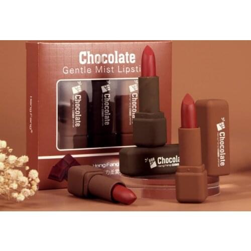HENGFANG 3PCS/set Chocolate Soft Mist Lipstick Watery Lip Glaze Lip Glaze Velvet Matte Lip Gloss Longlasting Lip Makeup TSLM2