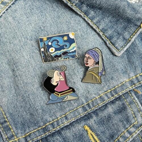 Exquisite Cartoon Canvas Brooch Van Gogh Starry Sky Brooch Girl With A Pearl Earring Lapel Pins Wholesale