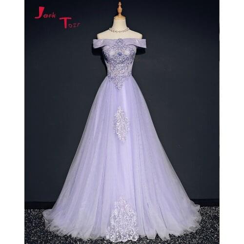 Jark Tozr Custom Made Formal Dresses Off The Shoulder Short Sleeve Appliques Lace Beading Sequins Prom Gowns Vestido Longo