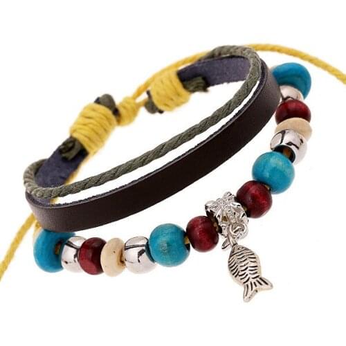 New Leather Bracelets Men Women Vintage Beads Bracelet Fashion Fish Pendant Charm Bracelets Bangles Christian Jewelry