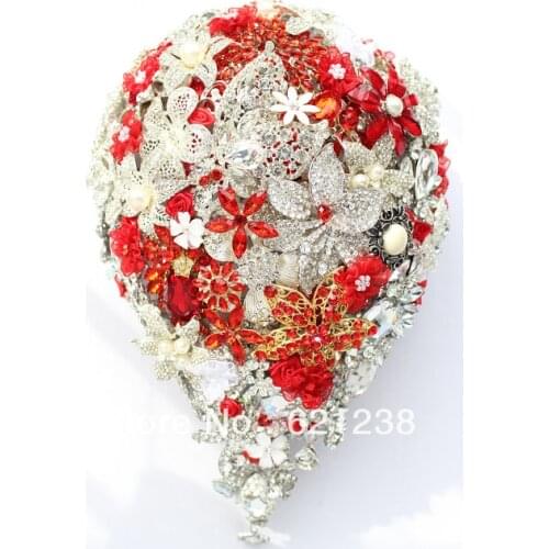 Red jewelry brooch bouquet, heavy build style wedding bride holding flowers droplets, sparkling crystal DIY bouquet