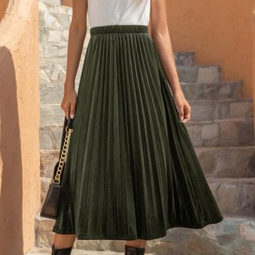 Summer Casual High Waist Velvet Pleated Skirts Vintage Pleated Ankle Length Women Skirt