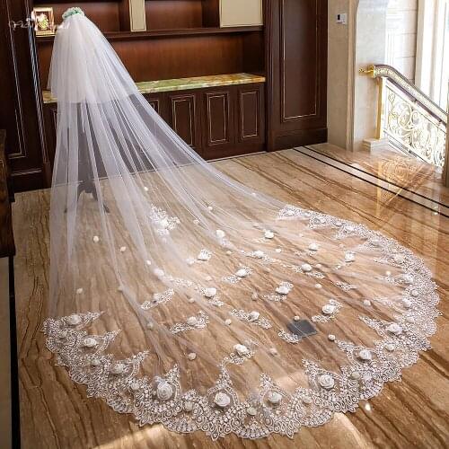 LZP292 Lace Edge With 3D Flowers Bridal Veil 4 Meters Long And 3 Meters Wide Wedding Veil Two Layer Cathedral Wedding Veil