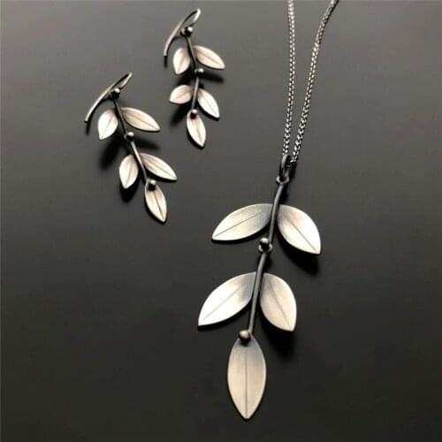 New Fashion Vintage Boho Leaf Jewelery Set Simple Aolly Silver Color Drop Earrings Necklace Sets For Women Gift