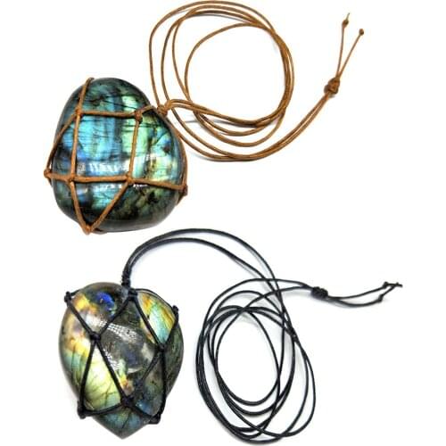 Labradorite Necklace Natural Stone Pendant Wrap Braid Necklace Yoga Macrame Necklace for Men Women Energy Necklace for Decor