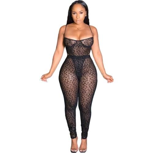 Sexy Mesh See-through Leopard Two Piece Set Women Rave Festival Clothing Bodysuit Top Pants Leggings 2 Piece Club Outfits Romper