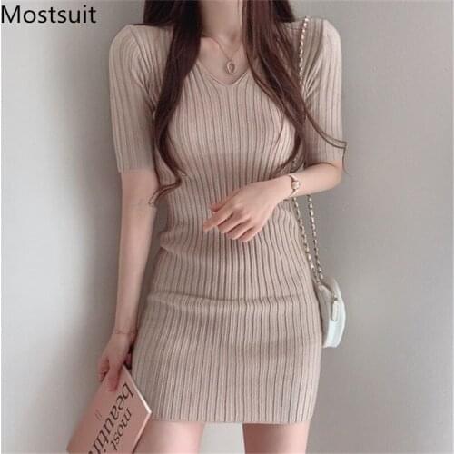 V-neck Knitted Mini Dress Women Summer Short Sleeve High Stretch Solid Slim Dresses Korean Vintage Female Vestidos Femme 2021