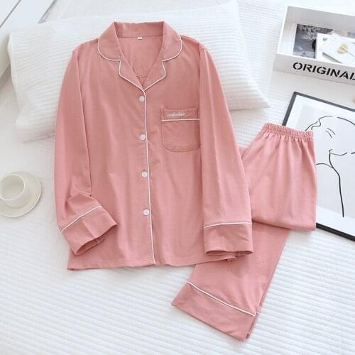 Spring Women Long Sleeve Pajamas Comfortable Soft Lounge Wear Solid Color Cotton Two Piece Home Clothes Thin Plus Size Sleepwear