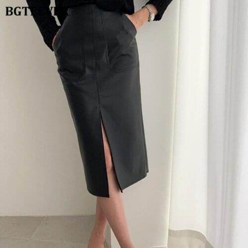 BGTEEVER 2020 New Elegant Women PU Leather Midi Skirts Ladies High Waist Package Hip Split Female Pencil Skirts