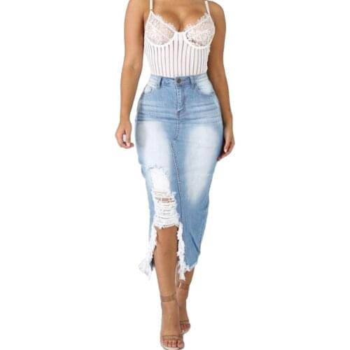Women Summer Fashion High Waist Skirts Ripped Split Denim Distressed Pockets Jeans Bodycon Slim Streetwear Long Pencil Skirt