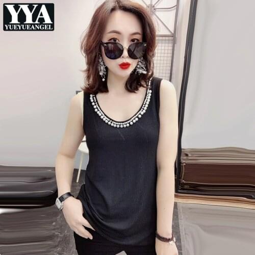 Summer Women Sleeveless T-shirt O Neck Sexy Low Cut Pearls Pullover Top Plus Size Knitwear Tees Beads Ladies Casual T-shirts 6XL