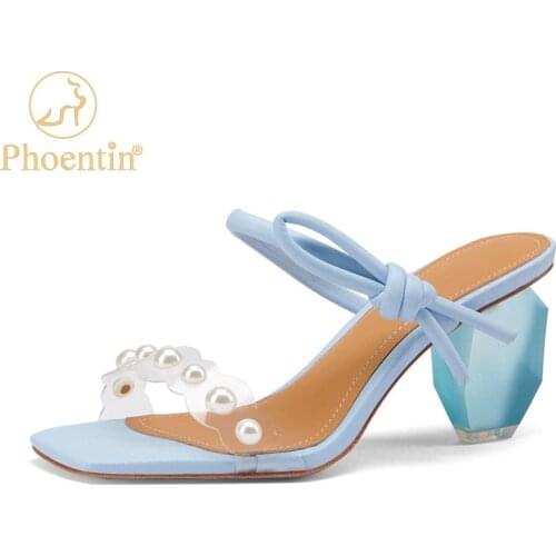 Phoentin open toe Fashion PVC pearl slippers women high heels shoes sexy party out door sandals large size 34-43 FT1525