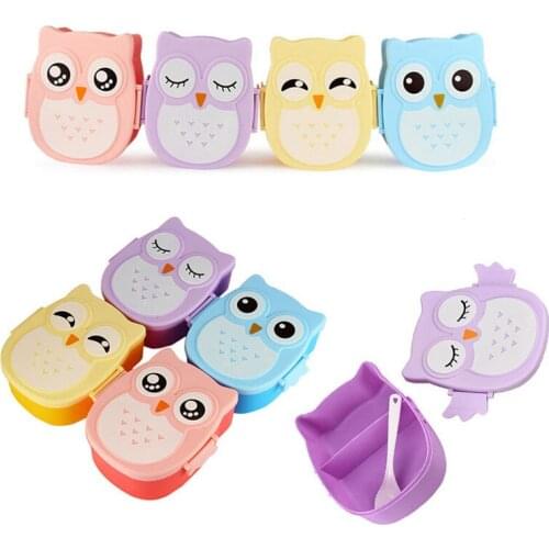 2 Grid Cartoon Owl Food Bowl Baby Food Fruit Storage Cup Container Bowl with Spoon Plastic Microwave Dinnerware Children Gift