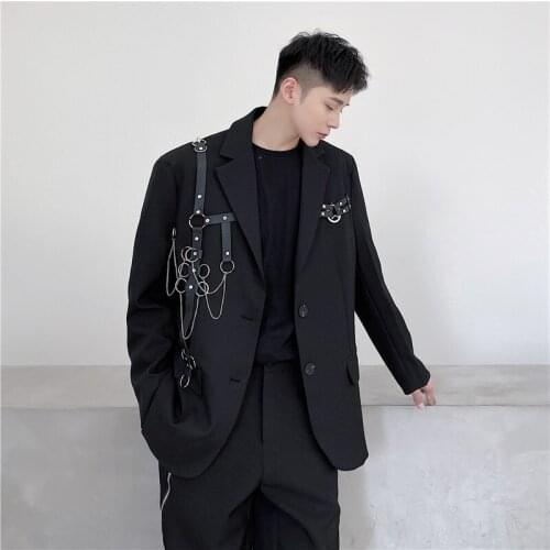 Chains PU leather Decoration Black Blazer Mens Korean Fashion Techwear Suits Jacket Harajuku Punk Oversized Blazer Masculino