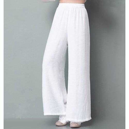 Chinese Style Summer Women Casual White Black Wide Leg Pants Vintage High Waist Cotton Linen Pant Female Loose Trousers Mujer