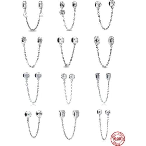 Hot Sale 100% 925 Sterling Silver Moon Star Safety Chain Bead Fit Original Pandora Charms Bangles Making For Women DIY Jewelry