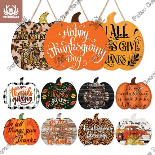 Putuo Decor Thanksgiving Wood Sign Pumpkin Shape Wooden Plaque Turkey Hanging Sign Personalized Home Living Room Wall Decor Gift
